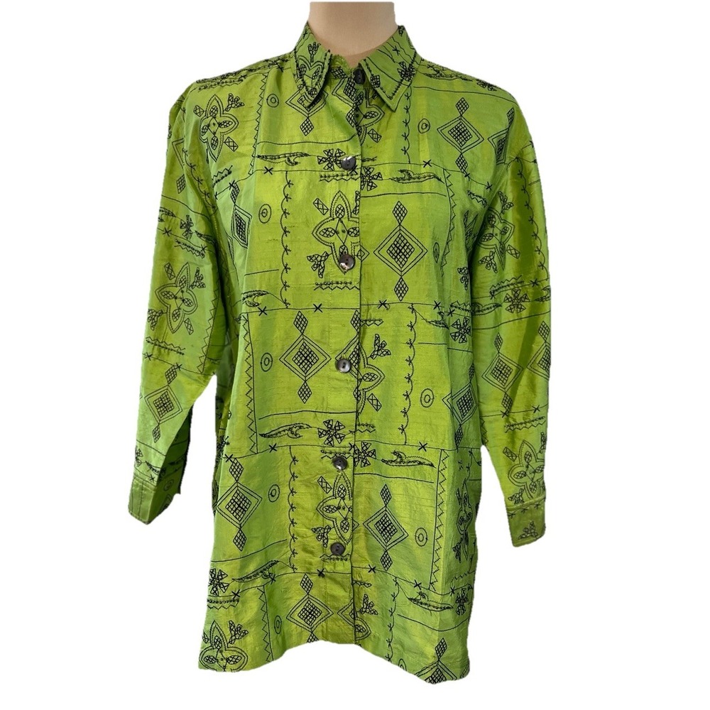 Vintage 90s Lime Green Silk Top Beaded Embroidered Jacket Large Artsy artisan